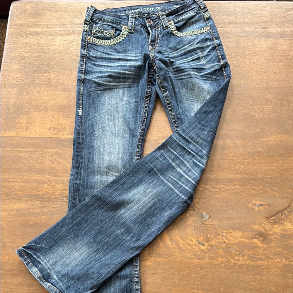 Cowgirl Tuff Blue Boot Cut Jeans with Distressed Details